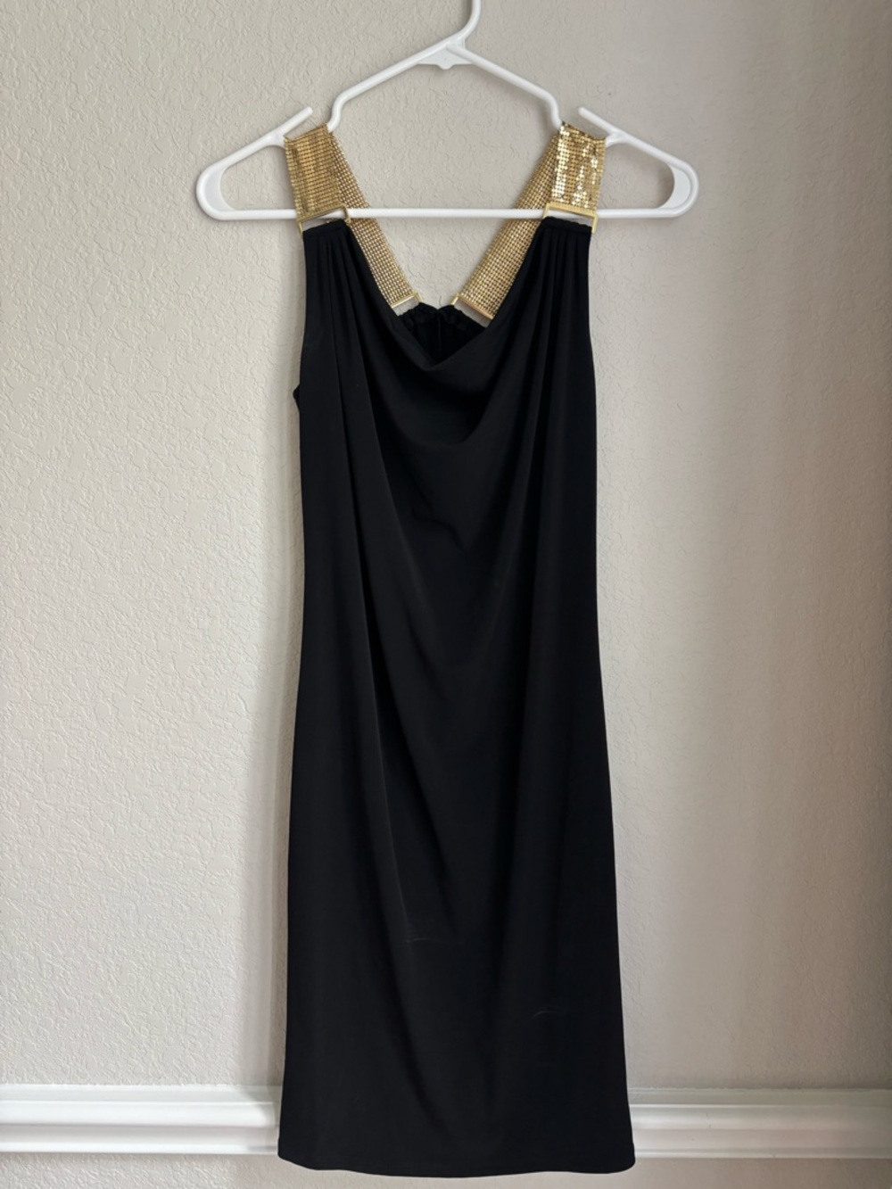 MICHAEL Michael Kors Black Midi Dress with Gold Sequin Straps